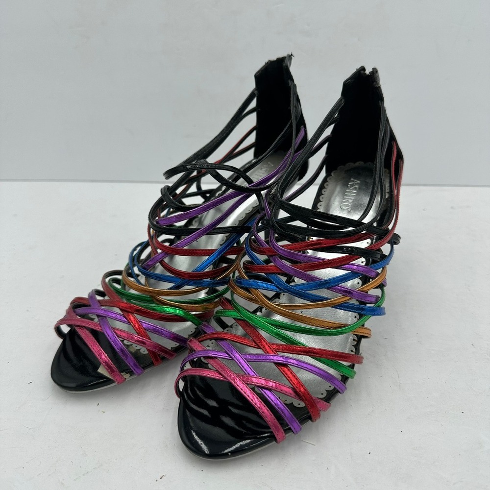 Ashro Womens Rainbow Metallic Strappy Cage Stiletto‎ Heels Black Patent Size 9.5